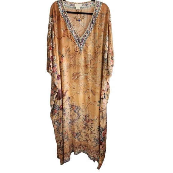 Camilla Kaftan Maxi Dress Small Oversized 100% Silk Rhinestones Boho Floral Luxu - Picture 1 of 8
